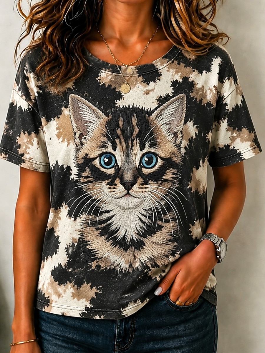 Per donna Maglietta Blocco di colore Stampato Grafico Animale Gatto Vintage Elegante Classico Manica Corta Girocollo Top lunghi Casuale Quotidiano Nero Rosso Marrone Verde Estate Primavera del 2026 a $21.99 –P5