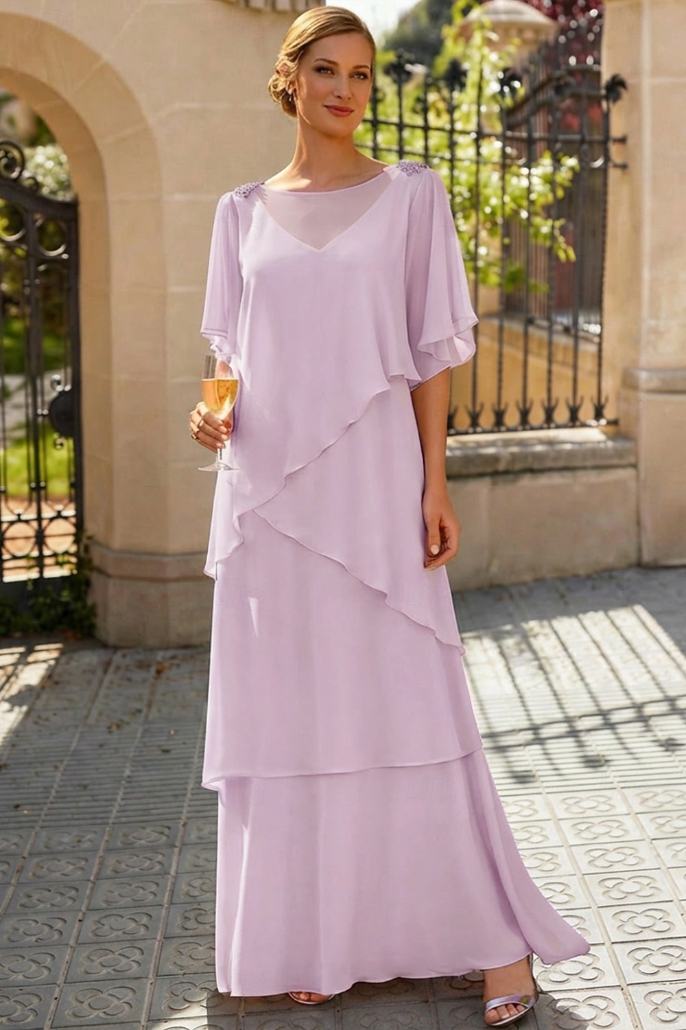 Linea ad A Lunghezza al pavimento Abito da invitata a nozze Abito Formale Abito a Strati Abito da cerimonia per signora Mezza Manica Girocollo Elegante Formale Ospite di nozze Chiffon con Volant del 2026 a $183.99 –P15