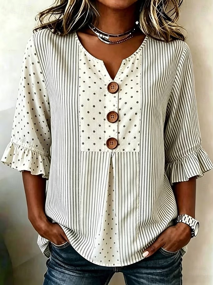 Femmes Chemise Patchwork Boutons Imprimé A Ombre Graphique ancien Élégant Manche 3/4 Col en V Hauts Longs Occasionnel Quotidien Fête Bleu Marron Beige Grise Été Printemps de 2026 ? $26.99 –P3