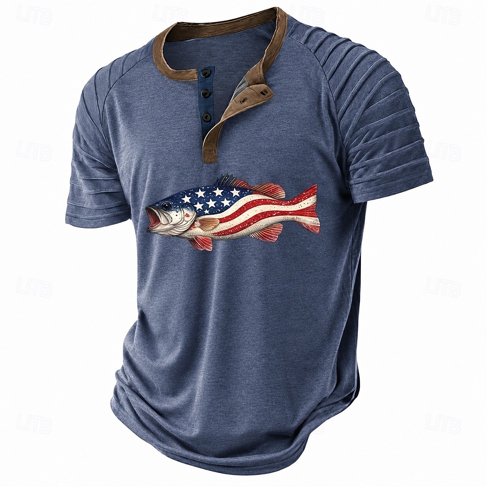 Men's American US Flag Fish Henley Shirt Raglan T Shirt Short Sleeve Fashion Designer Casual Casual Daily Outdoor Summer Blue Gray Green Red Beige Henley Collar Henley Henley T-Shirt 2026 - $16.99 –P2