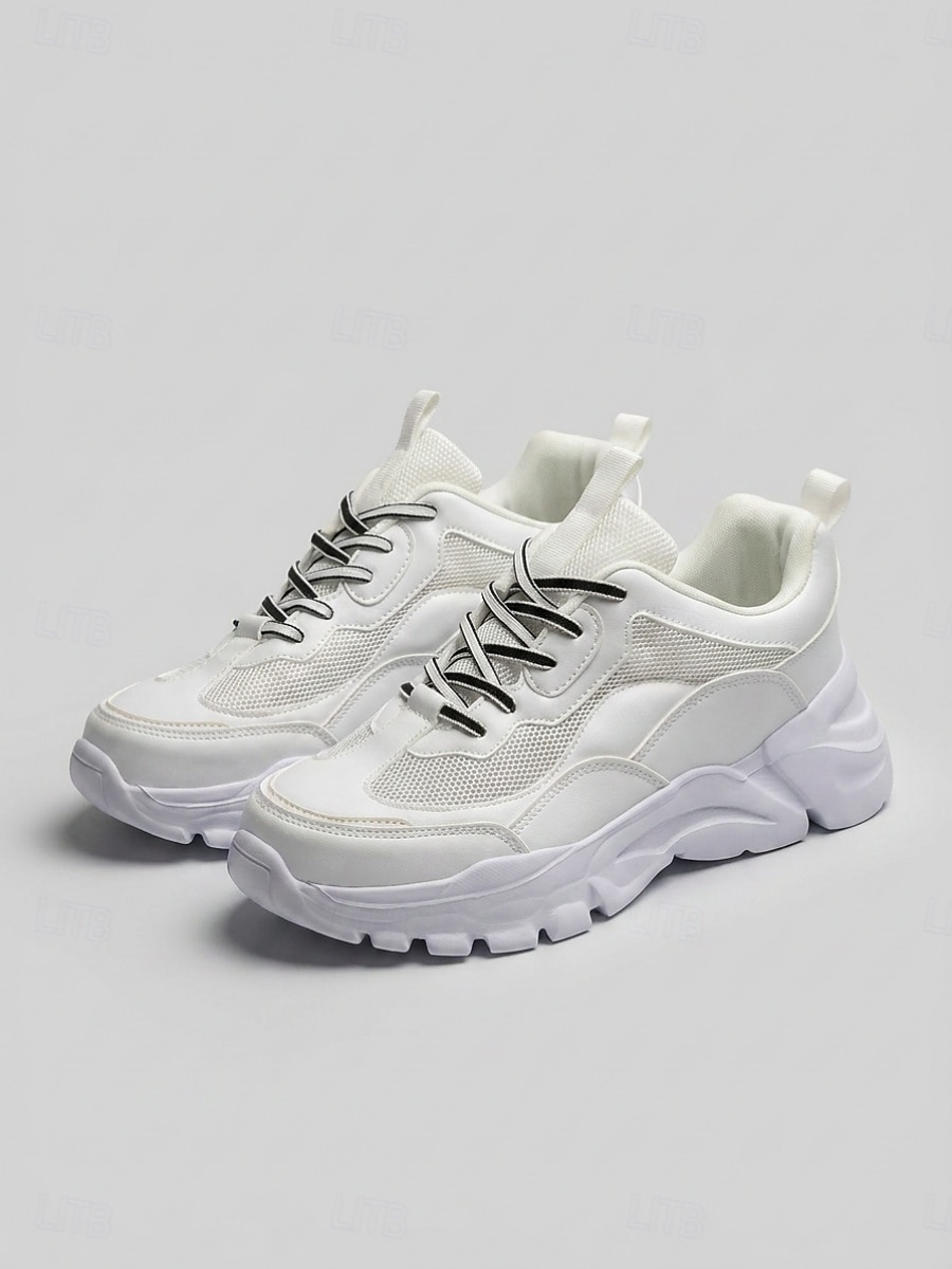 Weiße, klobige Plateau-Sneaker für Damen mit atmungsaktivem Mesh-Obermaterial – leichte, gepolsterte Laufschuhe, bequeme Schnürschuhe im Dad-Stil für Reisen, Shopping, Spaziergänge und 2026 - $32.99 –P2
