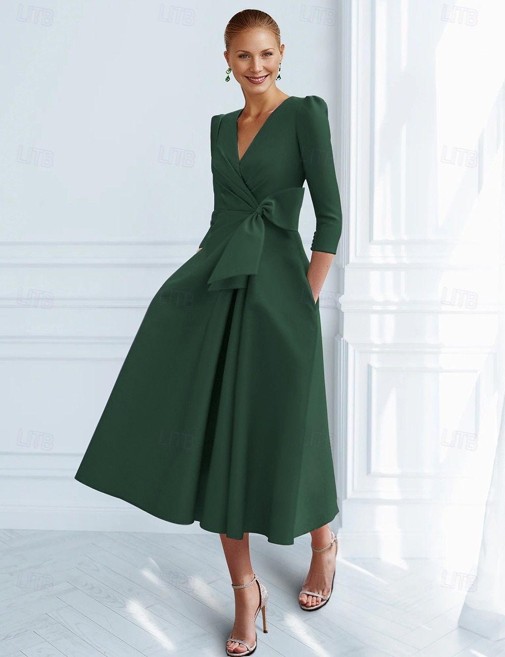A-lijn Over de knie Cocktailjurken Elegant Vintage 3/4 mouw V-hals Formeel Zak Satijn met Strik(ken) Ruches 2026 - $149.99 –P10