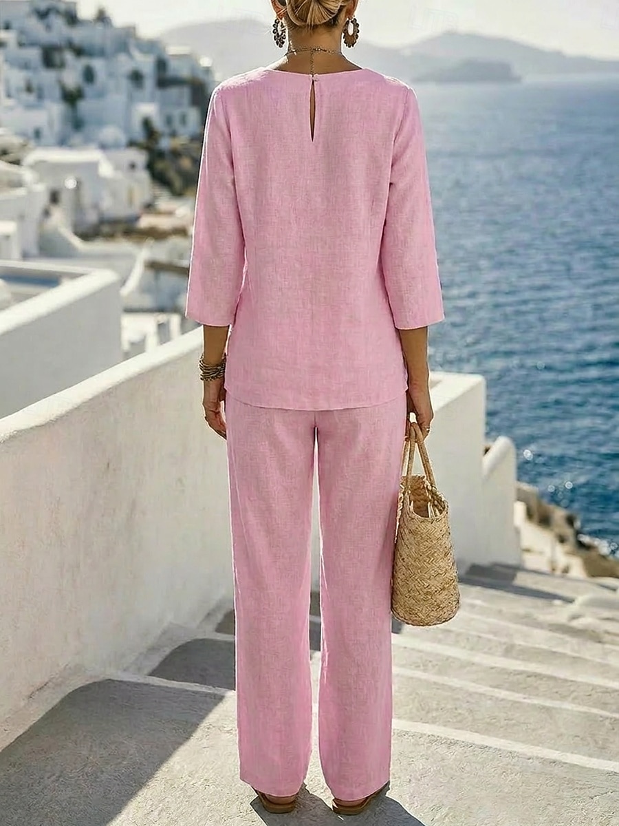 Pentru femei Seturi de lenjerie de bumbac Seturi din două piese Lungime Manșon 3/4 Stil Nautic Elegant Zilnic Verde Deschis Roz Îmbujorat Bleumarin Vară 2026 - $41.99 –P8