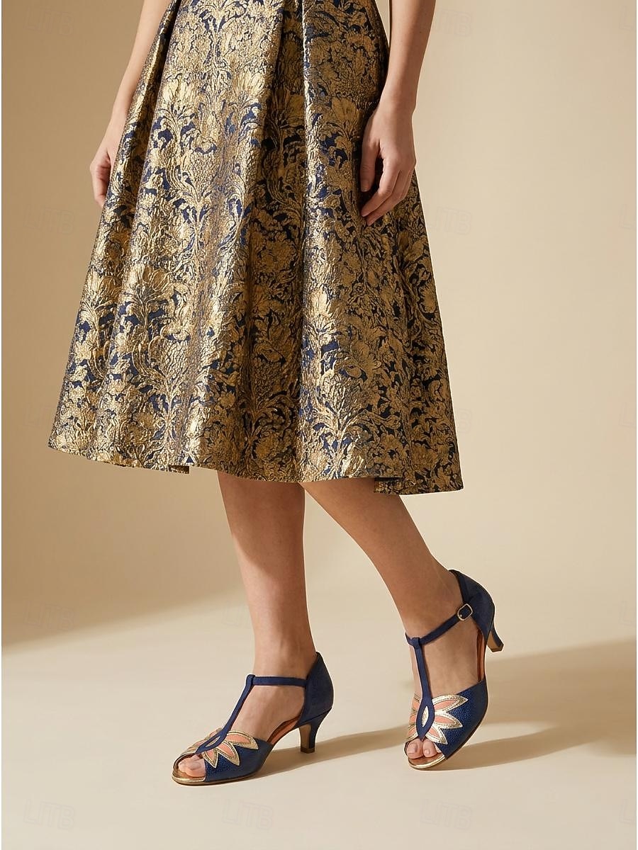 Escarpins Mary Jane vintage années 1950 pour femme - chaussures bleu marine à bout ouvert et bride en T ornées d'une fleur dorée, idéales pour une soirée à thème rétro. de 2026 ? $46.99 –P2