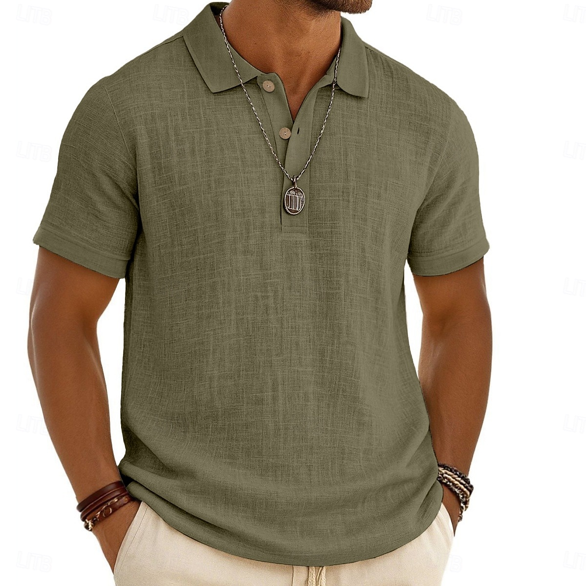 Voor heren Linnen overhemd Poloshirts Casual Vakantie Klassiek Korte mouw Modieus Effen Kleur Knop Zomer Lente Normale pasvorm Wit Zwart Lichtgroen Grijs Marineblauw Groen Linnen overhemd 2026 - $26.99 –P9