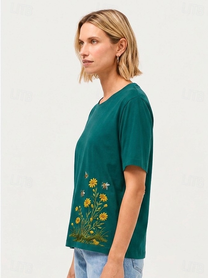Damen-T-Shirt aus 100 % Baumwolle mit Stickerei, Sommer-Tops mit floralem Pflanzenmuster, elegantem Vintage- und tropischem Design, Kurzarm, Rundhalsausschnitt, langes Oberteil, lässig, für Strand und 2026 - $28.99 –P5