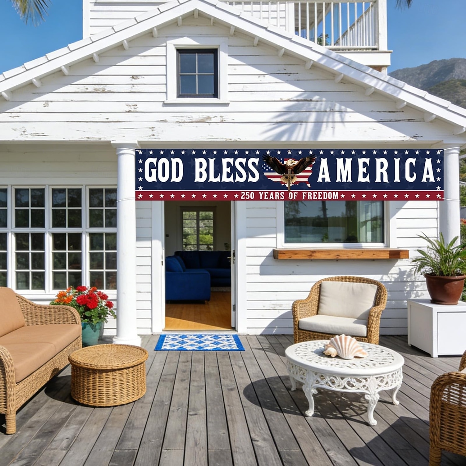 250-årsjubileum USA-flagg Gud velsigne Amerika-banner 4. juli-dekorasjoner stort 250-årsjubileumsbanner for utendørs, innendørs, hage, veranda, plen 2026 - $19.99 –P3