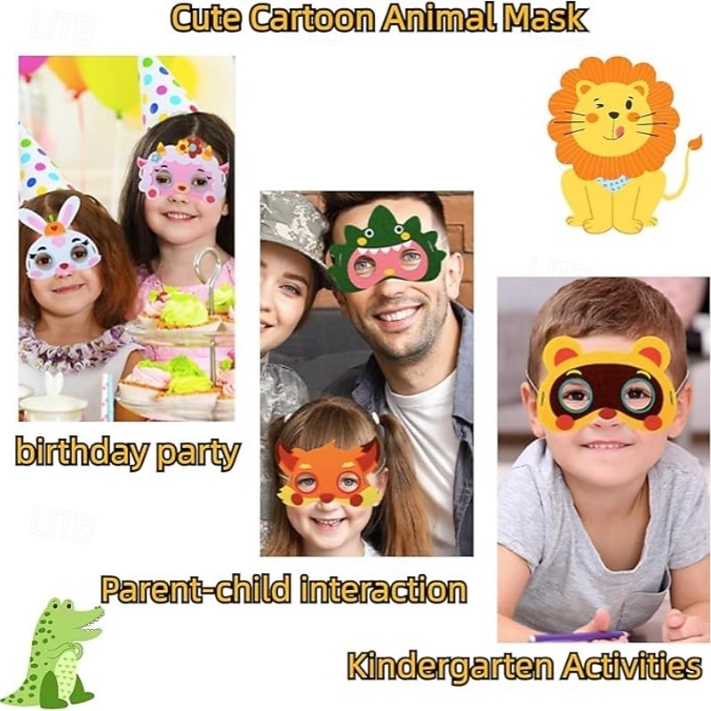 16er-Pack DIY-Tiermasken-Set aus Filz für Kinder, selbstklebendes Bastelset, handgefertigtes Zoo-Safari-Masken-Set für Geburtstagsfeiern, Halloween-Aktivitäten im Klassenzimmer, Jungen und Mädchen 2026 - $23.99 –P3