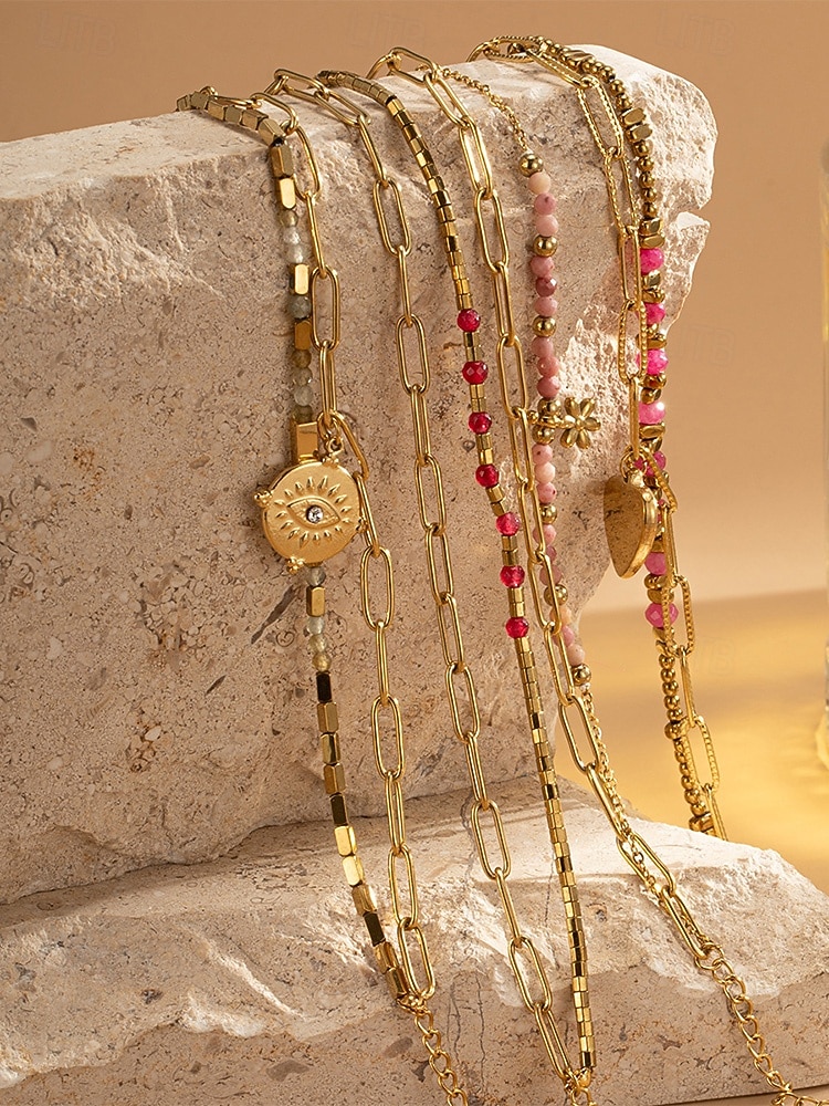 Damen-Doppelarmband im Boho-Stil mit mehreren Lagen Perlen, Naturstein &Charm-Armband aus Titanstahl für Damen, Sommer-Schmuckstück mit mehreren Anhängern – perfekt für Urlaub, Alltag und als Geschenk 2026 - $14.99 –P8