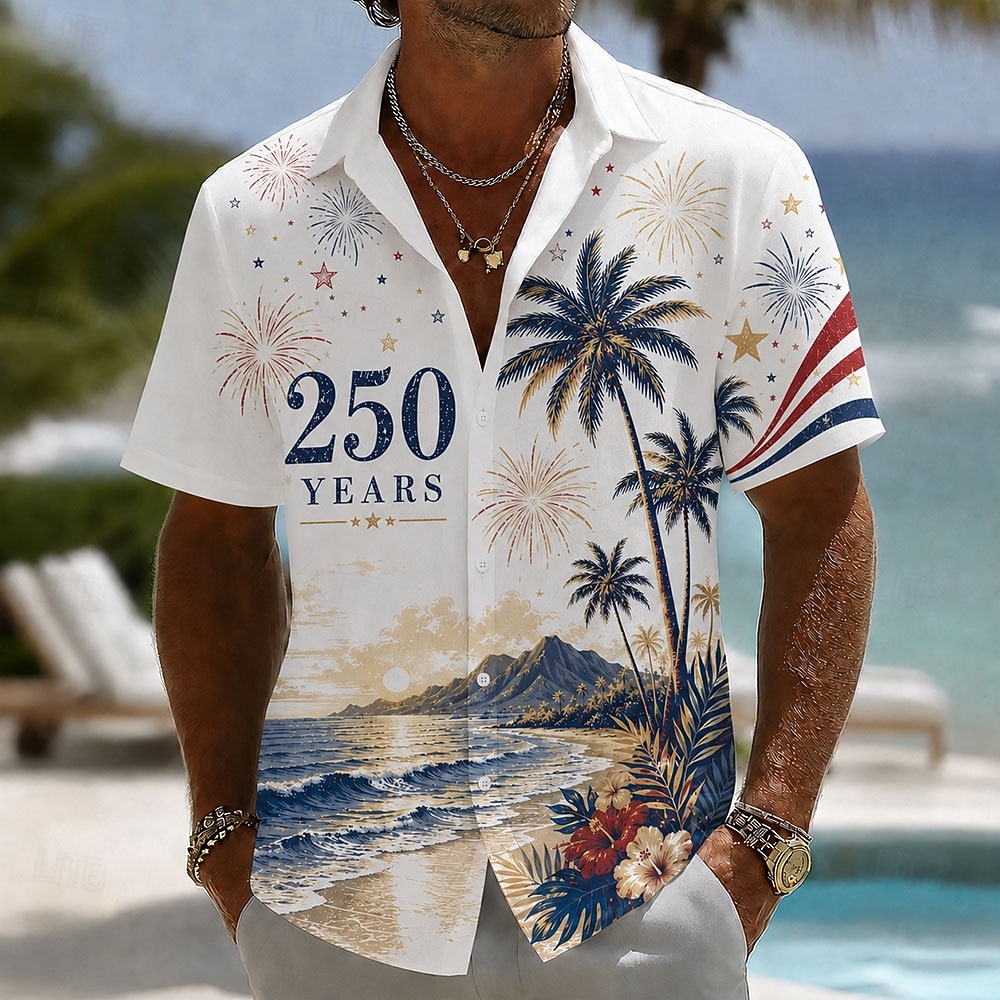 Camisa Masculina de Botão com Estampa Patriótica da Bandeira Americana 1776 2026 Manga Curta Top de Verão para Férias de 2026 por $25.99 –P4