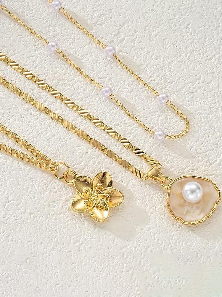 Women's 3PCS Layered Necklace Set, Gold Alloy & Faux Pearl Triple Strand Necklace with Flower and Shell Pendant, Elegant Summer Vacation Jewelry Gift 2026 - $7.99 –P5
