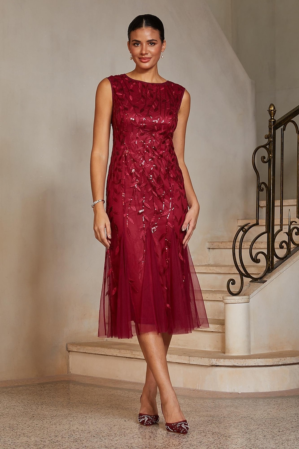 Women's Mermaid Trumpet Cocktail Dress Wedding Guest Dress Tea Length Boat Neck Sleeveless Elegant Vintage 1980s Mother Of The Bride Party Semi Formal with Mesh Glitter Embroidery Flared Tulle Hem 2026 - $119.99 –P2