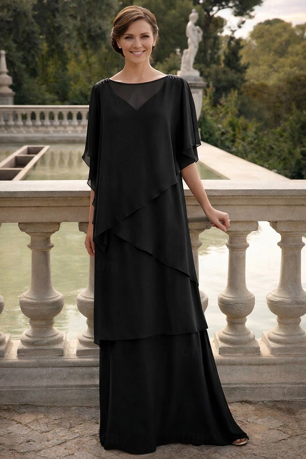 Linea ad A Lunghezza al pavimento Abito da invitata a nozze Abito Formale Abito a Strati Abito da cerimonia per signora Mezza Manica Girocollo Elegante Formale Ospite di nozze Chiffon con Volant del 2026 a $183.99 –P7