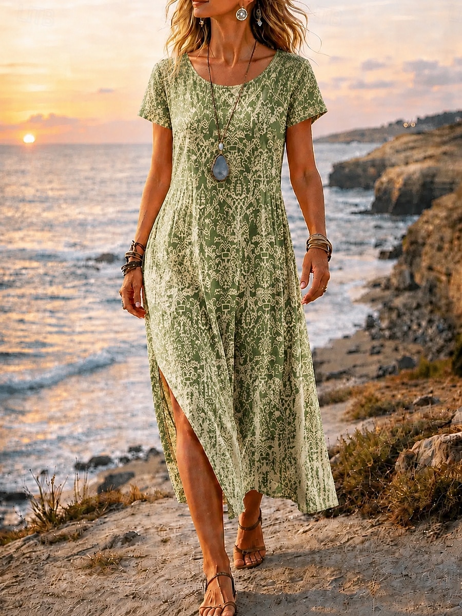 casual ombre dresses Women's Midi Dress A Line Dress Casual Beach Loose Fit Ombre Graphic  Geometric Short Sleeve Crew Neck Yellow Green Summer Spring 2026