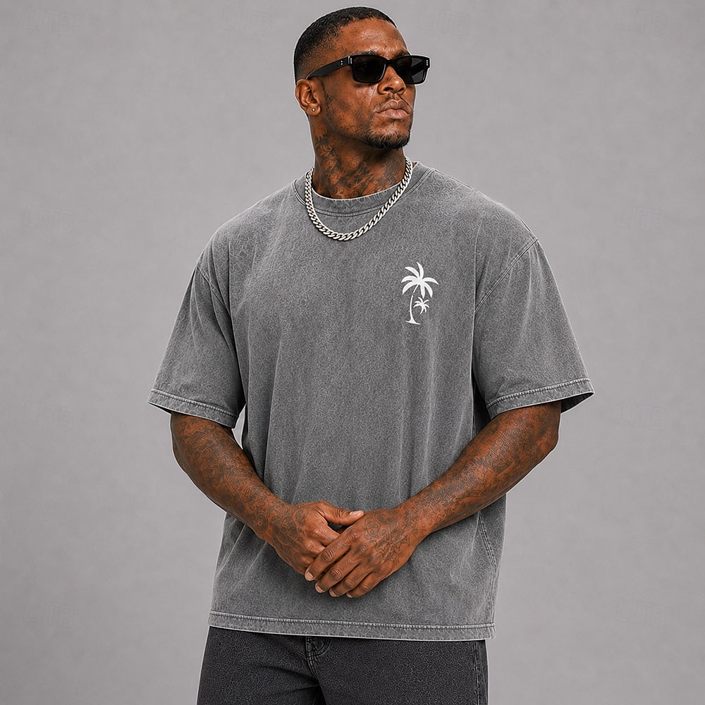 Tricou bărbătesc cu imprimeu hawaian din frunze de palmier și nucă de cocos, 100% bumbac, spălat acid, gros, tricou cu mânecă scurtă, guler rotund, stil DTG, îmbrăcăminte la modă, stil zilnic, 2026 - $27.99 –P5
