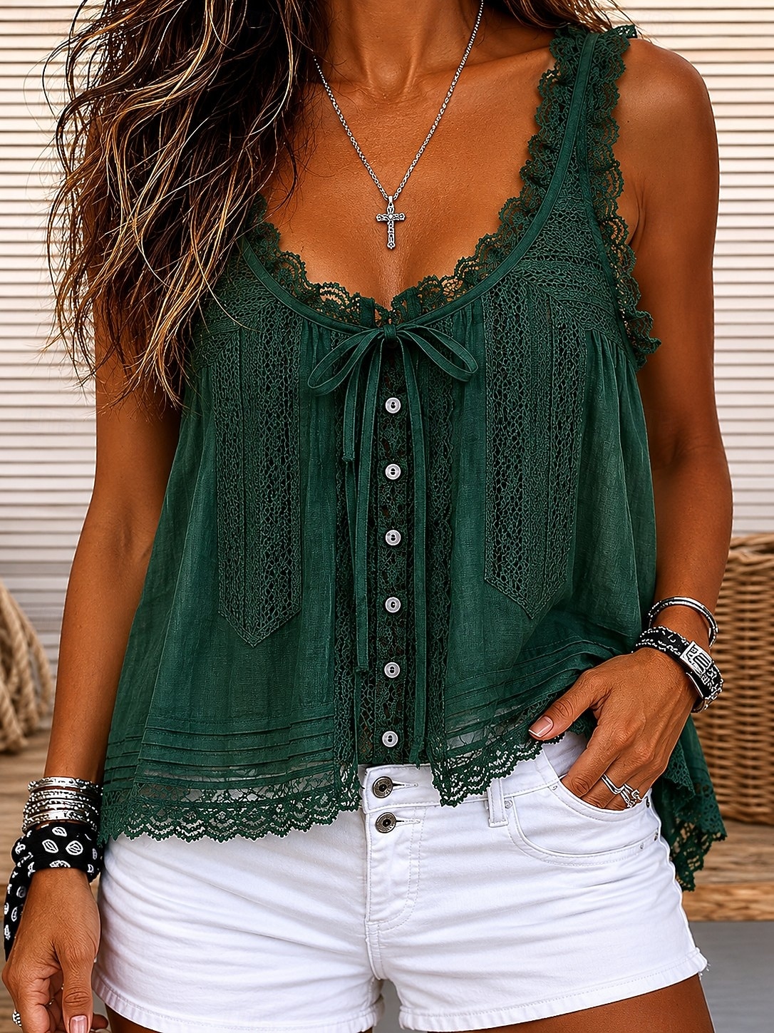 Women's Lace Splicing Top Cami Top Jacquard Tie Front Lace Trim Elegant Bohemia Active Sleeveless Crew Neck Square Neck Scoop Neck Long Tops Casual Red Dark Green Green Apricot Summer Spring Fall 2026 - $36.99 –P3