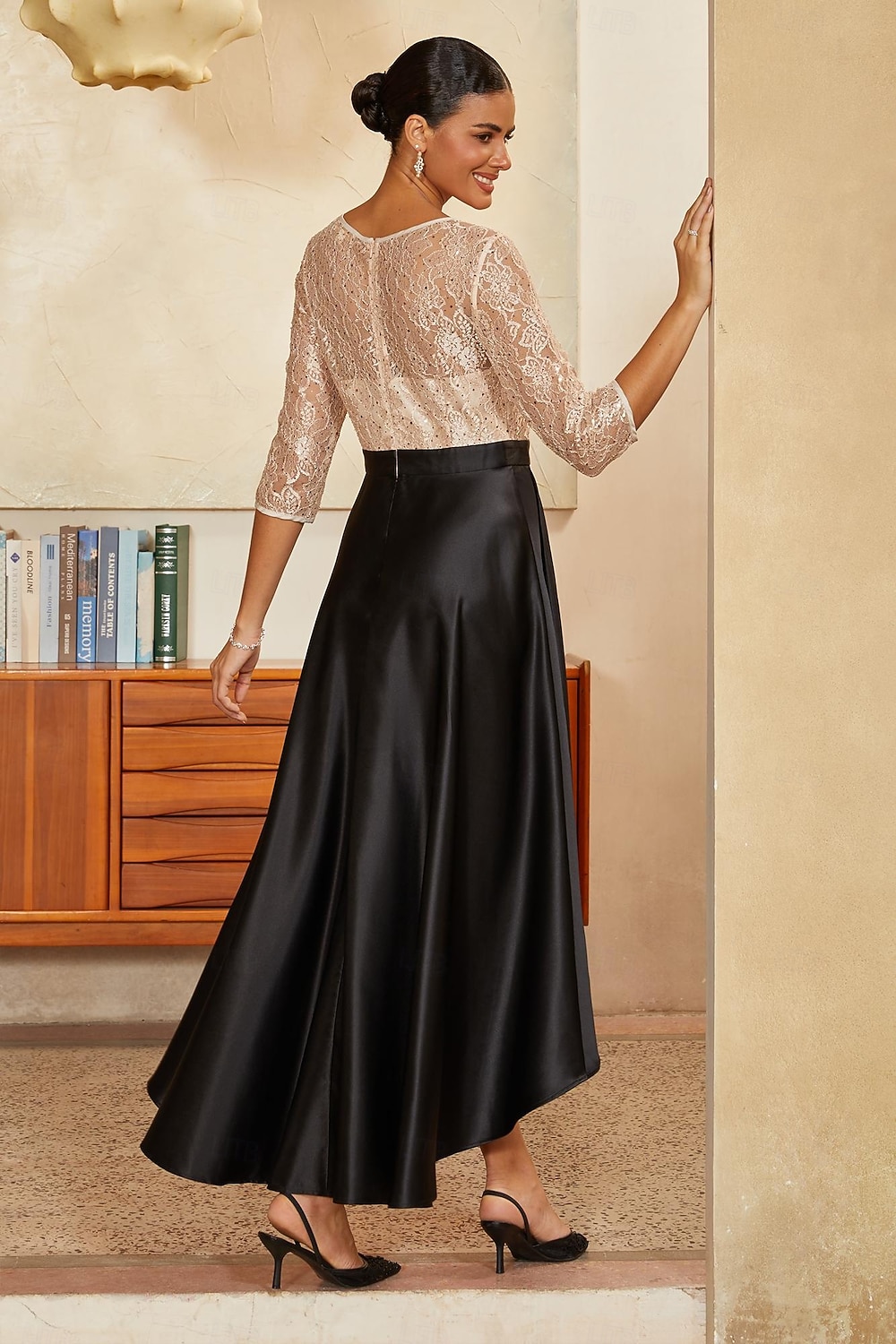 Damen A-Linie High-Low-Kleid Cocktailkleid Kleid für Hochzeitsgäste Knöchellänge Rundhalsausschnitt Dreiviertelarm Illusionsärmel Hohe Taille Elegant Mutter der Braut mit Satin Paillettenspitze 2026 - $119.99 –P4