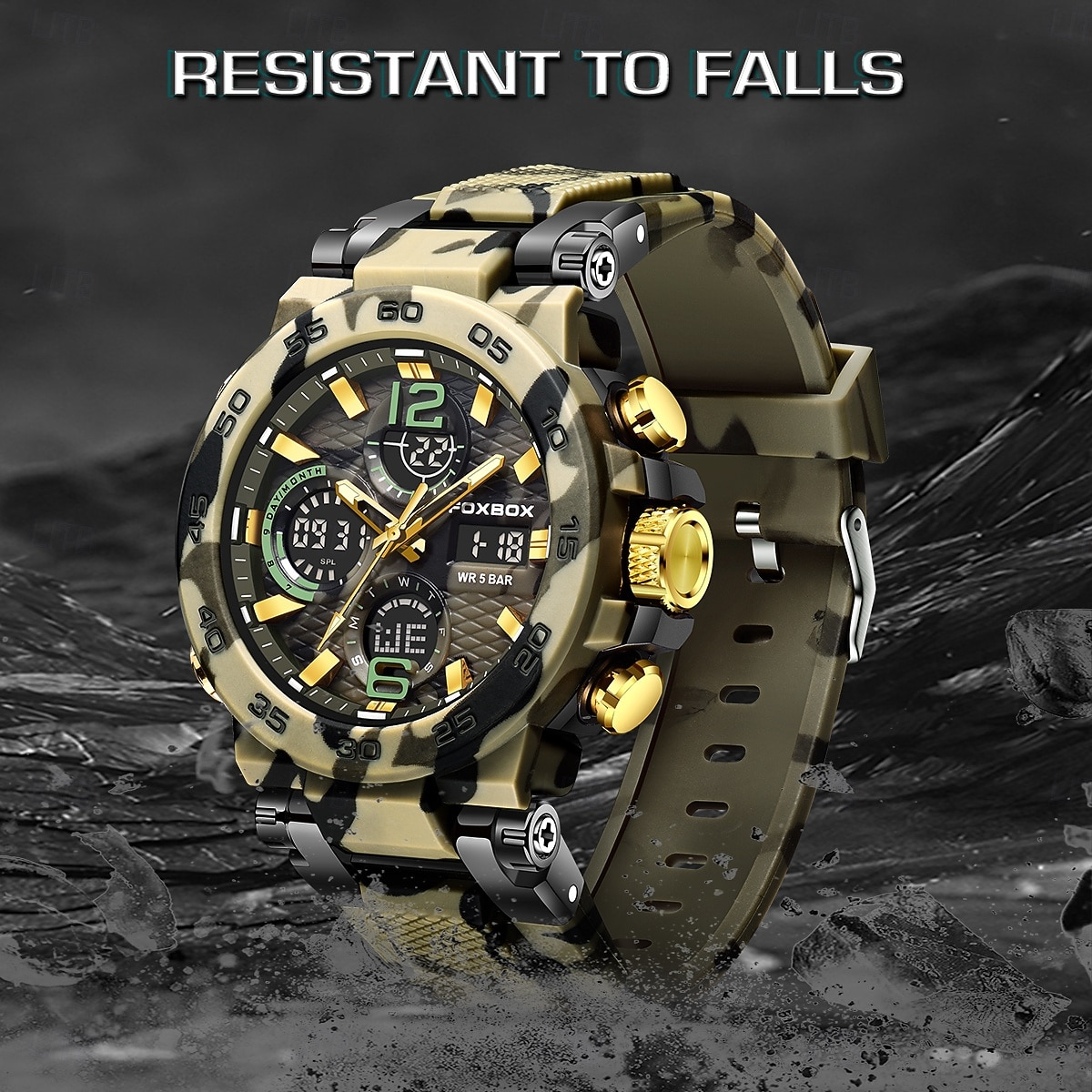 Foxbox heren militair sporthorloge, camouflage tactisch 50m waterdicht analoog digitaal horloge met dubbele display, quartz uurwerk, alarm, chronograaf en datumweergave, robuust outdoor polshorloge 2026 - $33.99 –P11