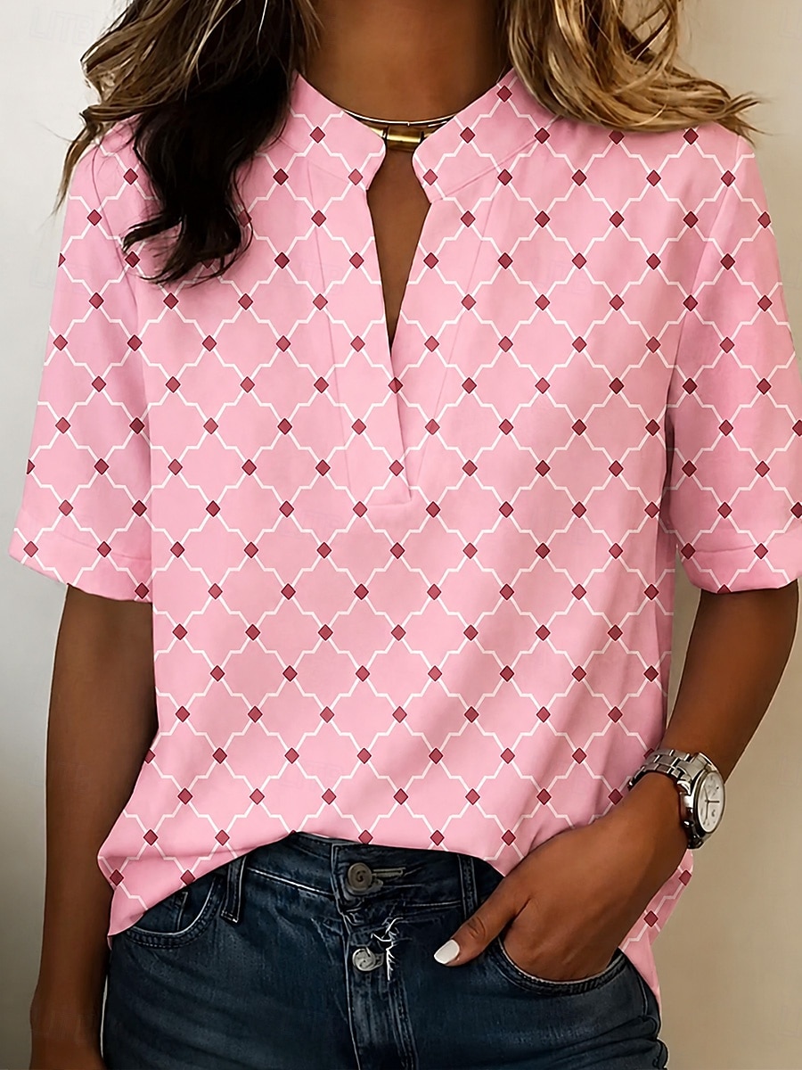 Damen Bluse Knöpfe Druck Grafik Geometrisch Vintage Stilvoll Modern Kurzarm Hemdkragen Normale Oberteile Lässig Täglich Blau Gelb Rosa Grün Sommer Frühling 2026 - $21.99 –P6