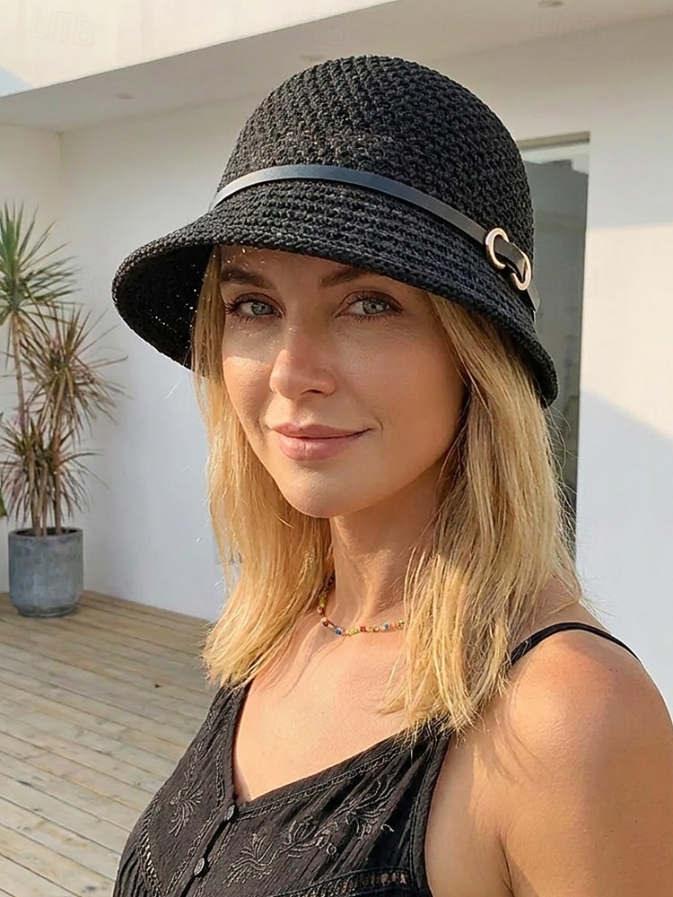Sombrero de sol de poliéster tejido para mujer, estilo cloche multicolor con ala larga en la parte delantera y corta en la trasera. Sombrero ligero ideal para vacaciones de verano, playa, viajes, 2026 - $11.99 –P5