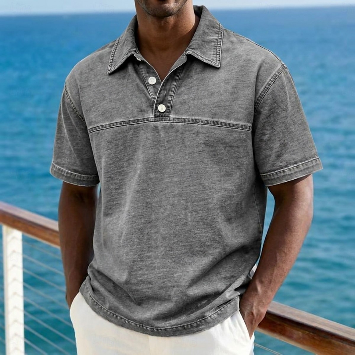 SoftFade™ Men's Acid Wash Shirt Cotton Polo Shirt Casual Business Lapel Classic Short Sleeve Fashion Basic Solid Color Buttons Washed Summer Spring Regular Fit Blue Black Light Green Pink Navy 2026 - $32.99 –P13