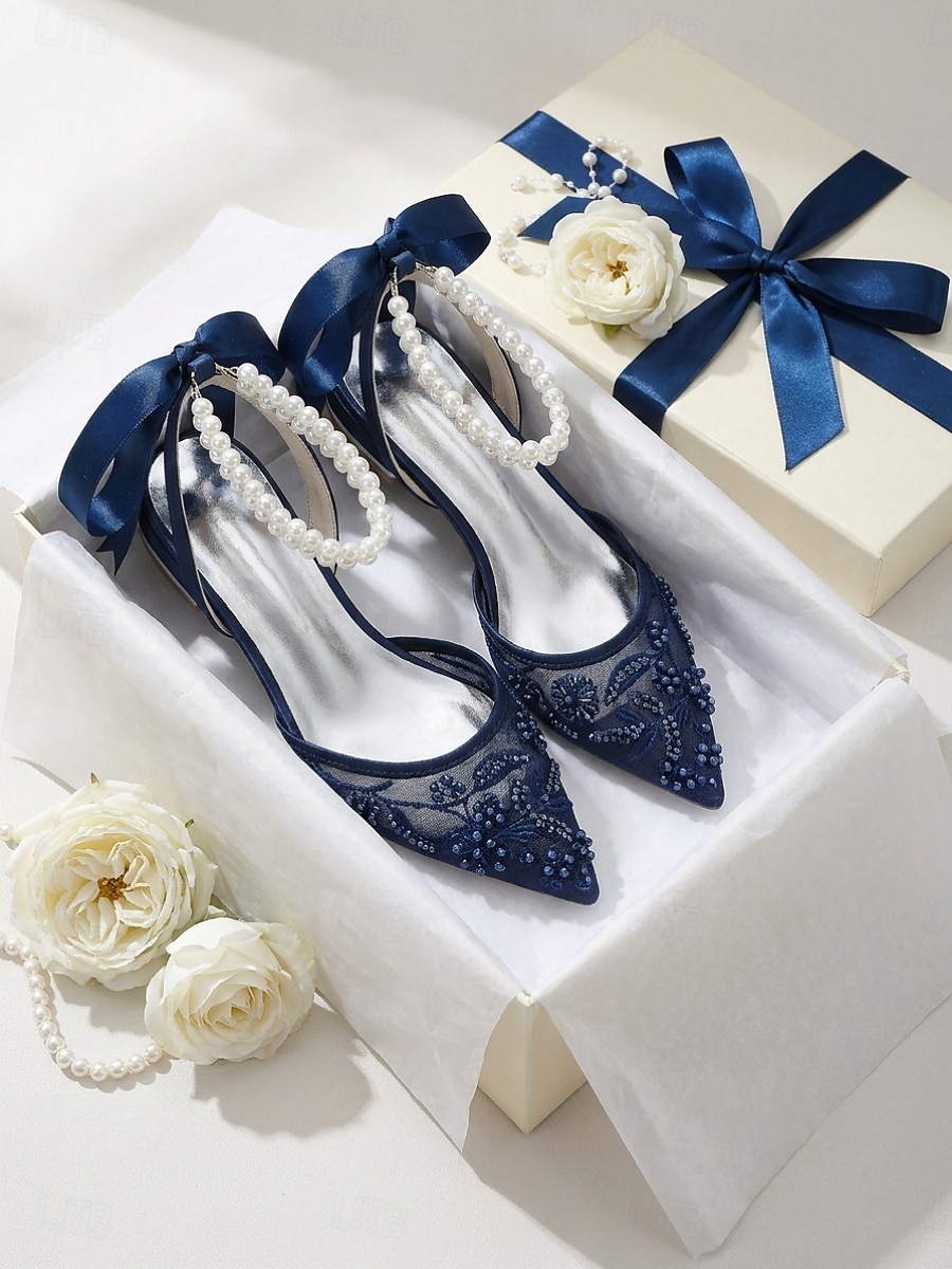 Women's Navy Blue Wedding Flats - Pearl Ankle Strap Mesh Bridesmaid Shoes with Bow for Garden Wedding Guest 2026 - $69.99 –P3