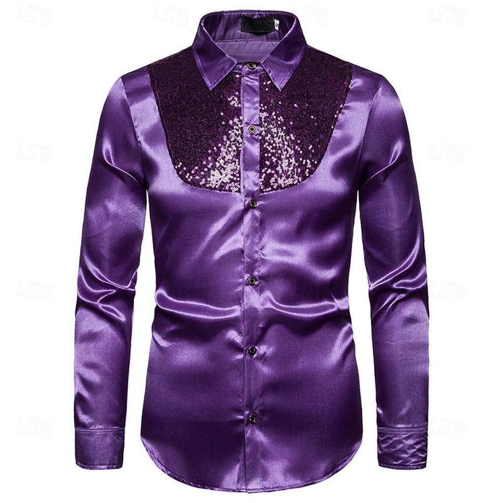 Men's Shirt Satin Shirt Dress Shirt Casual Shirt Solid Color Outdoor Work Black White Red Navy Blue Long Sleeve Turndown Summer Spring Clothing Apparel Sequins 2026 - $26.99 –P6