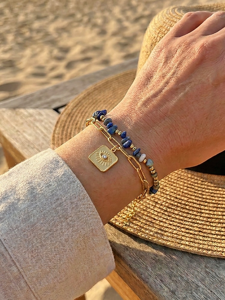 Damen-Doppelarmband im Boho-Stil mit mehreren Lagen Perlen, Naturstein &Charm-Armband aus Titanstahl für Damen, Sommer-Schmuckstück mit mehreren Anhängern – perfekt für Urlaub, Alltag und als Geschenk 2026 - $14.99 –P2