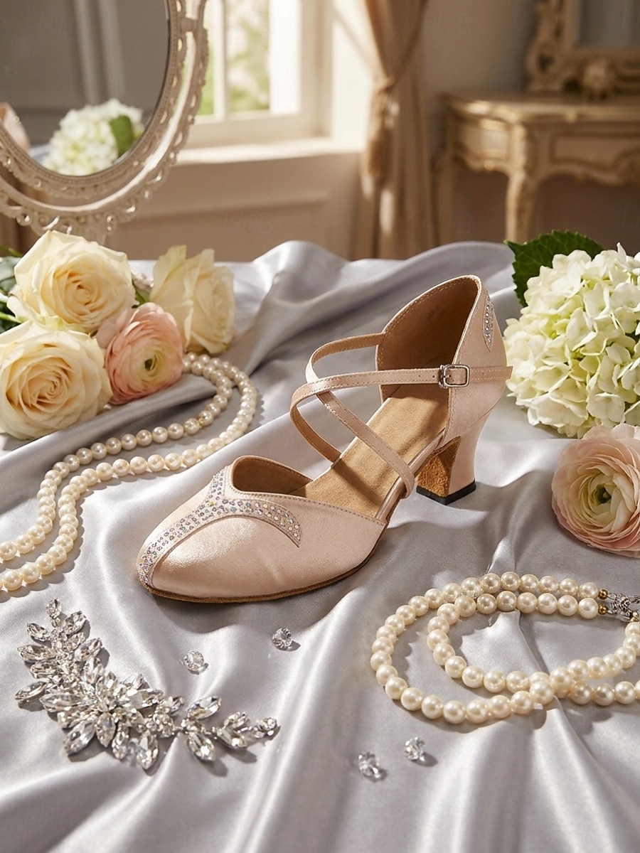 Women's Light Pink Rhinestone Satin Ballroom Dance Shoes – Closed Toe Dance Heels with Crystal Accents & with Cross Straps for Waltz, Foxtrot, Tango & Social Dancing 2026 - $54.99 –P1