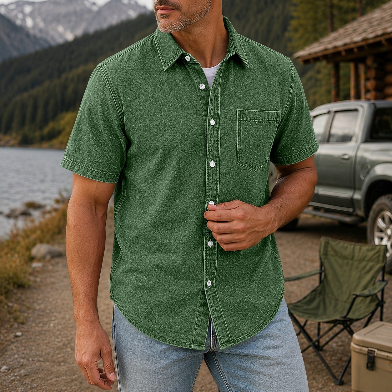 SoftFade™ Men Shirt Casual Shirt Demin Shirt Acid Wash Shirt Garment Dyed Black Light Green Burgundy Navy Blue Purple Short Sleeve Plain Shirt Collar Casual Daily Button-Down Clothing 2026 - $31.99 –P9