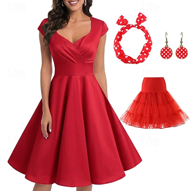 Anni 1950 Retrò Vintage Vestito Svasato Abito per Festa di Natale Tinta unita Costume Per donna Festa / Sera Mascherata Addio al Nubilato Adulti Vestito Orecchini Copricapo Primavera & Estate del 2026 a $40.99 –P5