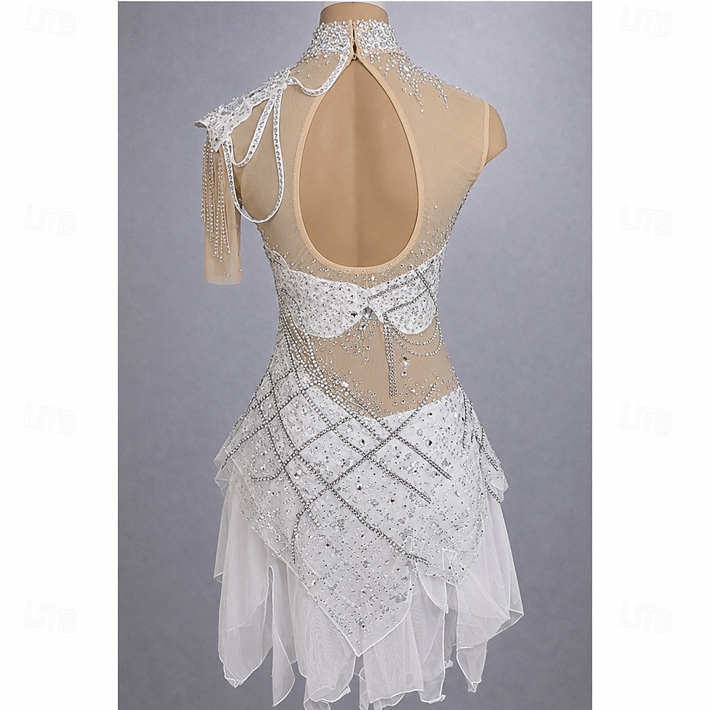 white and gold figure skating dress Women's Ice Skating Dress Patchwork Open Back Stretchy Training Competition Skating Wear Classic Crystal / Rhinestone Sleeveless Ice Skating Figure Skating 2026 birthday-capsule-1408