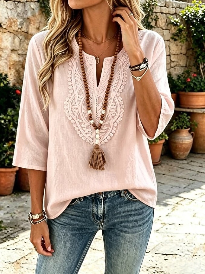Damen Hemd Boho-Hemd Spitzenbluse Elegant Bohemien Urlaub Dreiviertelarm Lange Oberteile Lässig Täglich Ferien Blau Weiß Khaki Rosa Rote Sommer Frühling 2026 - $24.99 –P4