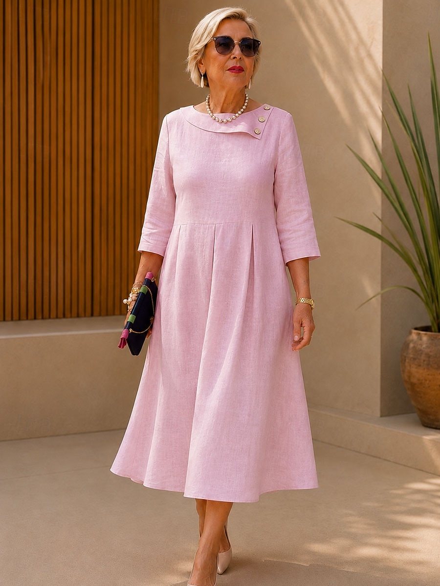 Women's Cotton Linen Midi Dress A Line Dress Summer Dress Casual Regular Fit Plain 3/4 Length Sleeve V Neck Pink Summer Spring 2026 - $47.99 –P1