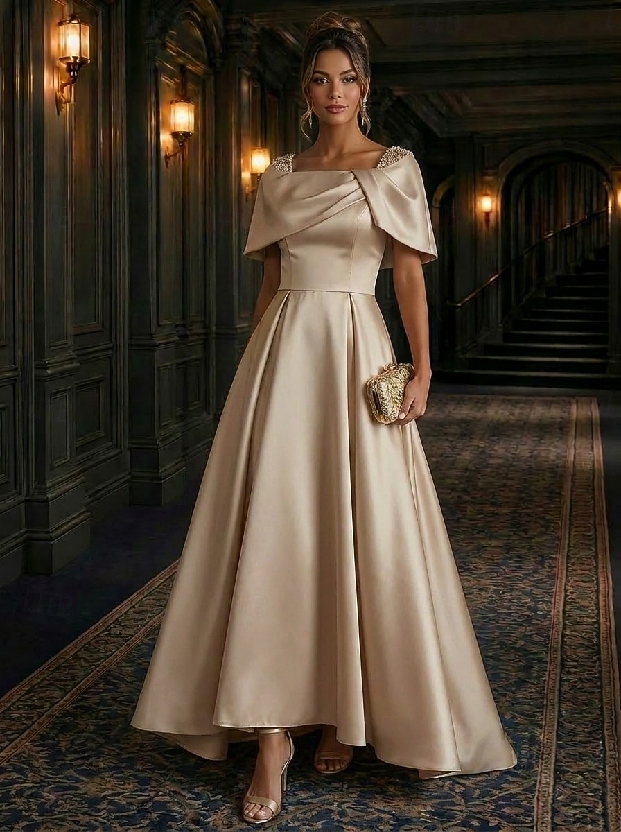 A-Line Asymmetrical Evening Gown Elegant Glittering Mother Of The Bride Short Sleeve Square Neck Wedding Formal Satin Cowl Back with Pleats Crystals Beading 2026 - $148.99 –P1