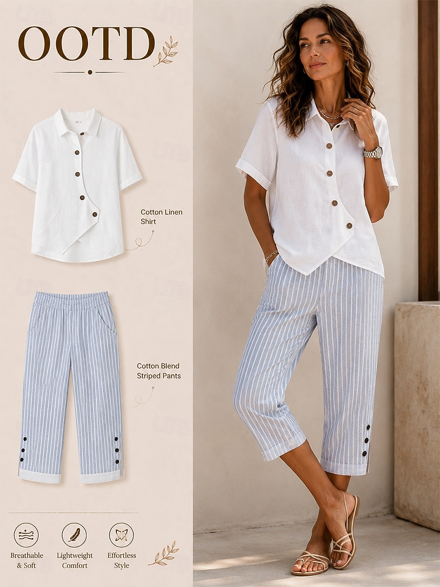 Camisas de lino para mujer, blusa, botones, color liso, básica, casual, manga corta, cuello, tops regulares, diario, azul, blanco, albaricoque, verano, primavera 2026 - $27.99 –P1