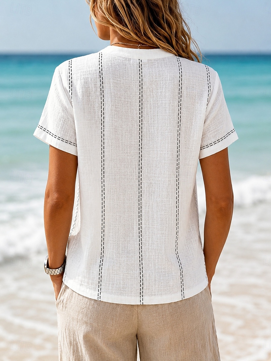 Women's T Shirt Henley Shirt Tee Top Buttons Striped Fashion Short Sleeve Henley Long Tops Casual Beach Summer White Light Green Navy Blue Sky Blue Orange Summer Spring 2026 - $28.99 –P2