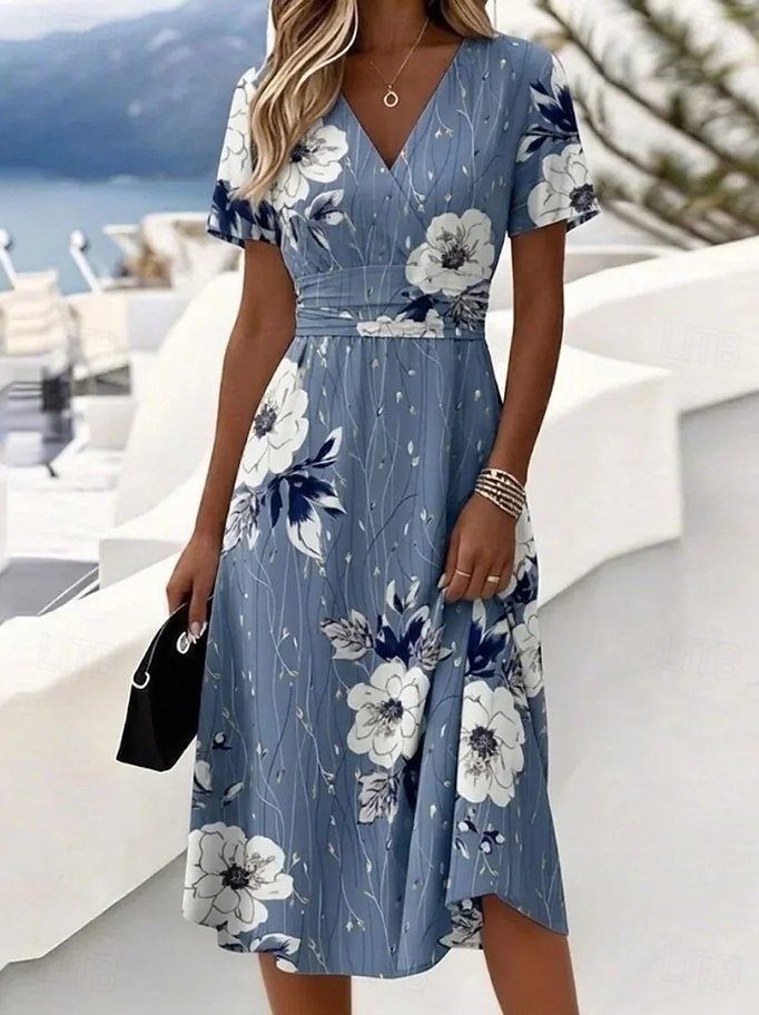 Per donna Abito Midi Abito a Tubino Vacanza Casual Boho Quotidiano Abito Estivo Abito Primaverile Vestibilità regolare Floreale Grafico Foglia Manica Corta Scollo a V Blu Bianco Verde chiaro Verde del 2026 a $36.99 –P3