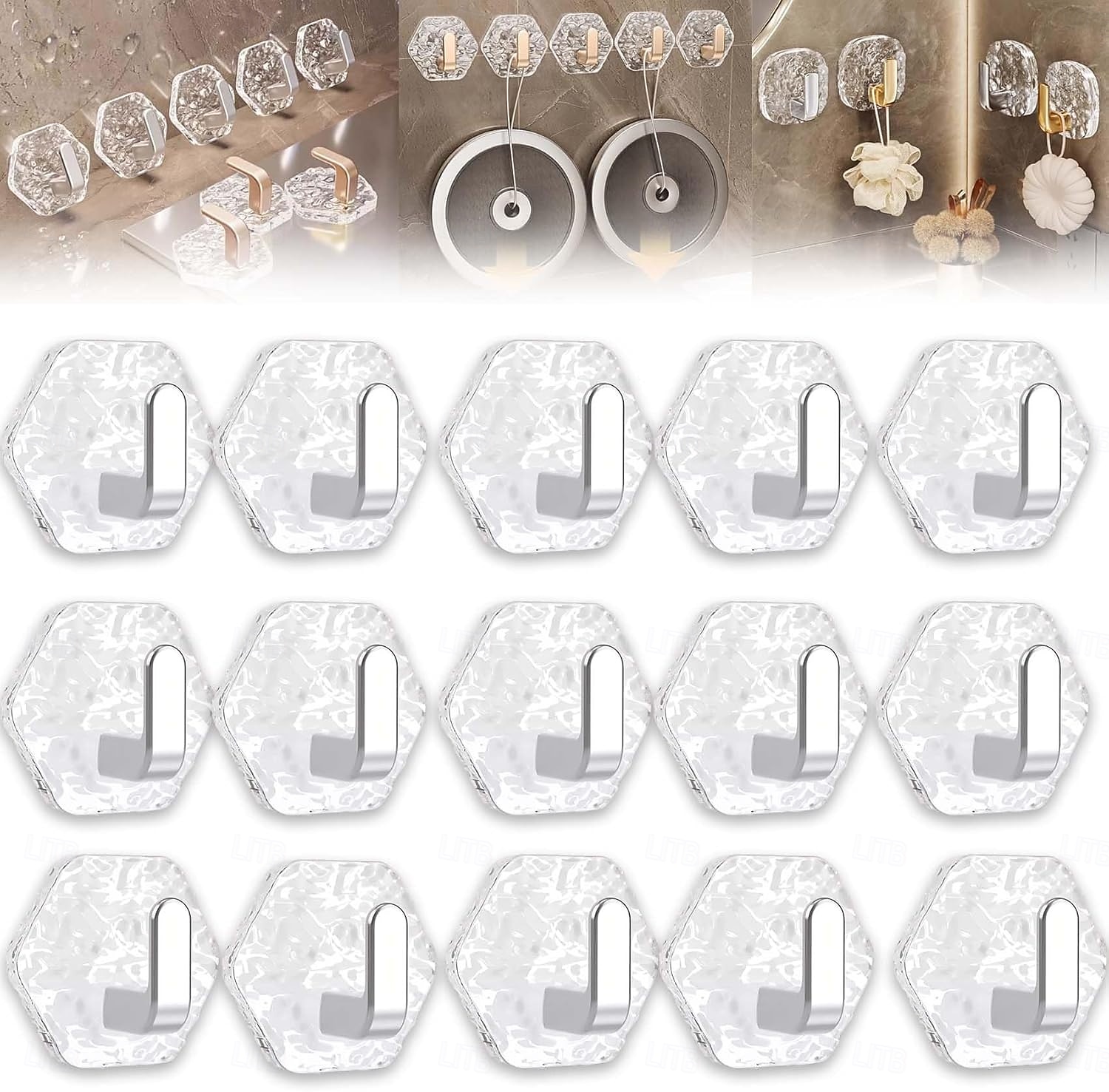 15/20 PCS Water Ripple Hexagonal Self Adhesive Hooks, No-Drill Waterproof Wall Hooks for Bathroom Kitchen, Heavy Duty Acrylic Glacier Ripple Hook for Towels Keys & Home Decor 2026 - $11.99 –P1