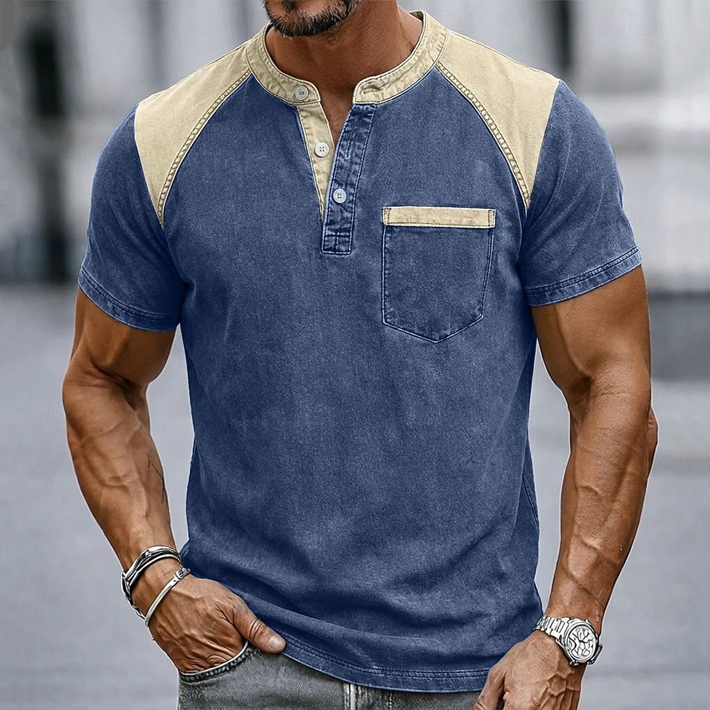 Men's T Shirt Henley Shirt 100% Cotton Acid Wash Shirt Tee Top Short Sleeve Plain Vintage Streetwear Casual Color Block Garment Dyed Raglan Sleeves Henley Casual Home Street Fall & Winter Summer 2026 - $35.99 –P1