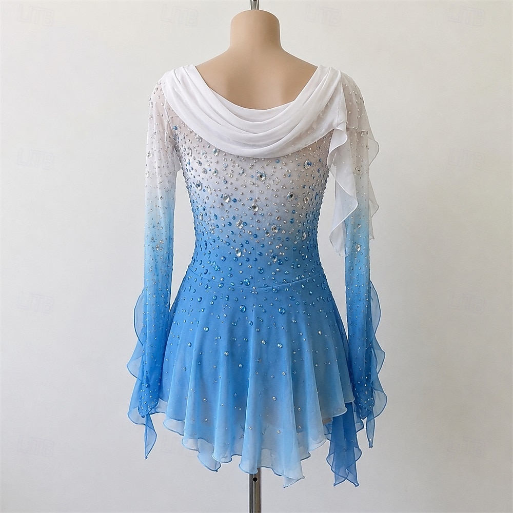 blue and white figure skating dress Ombre Ice Skating Dress, White to Azure Blue, Rhinestone Appliques
