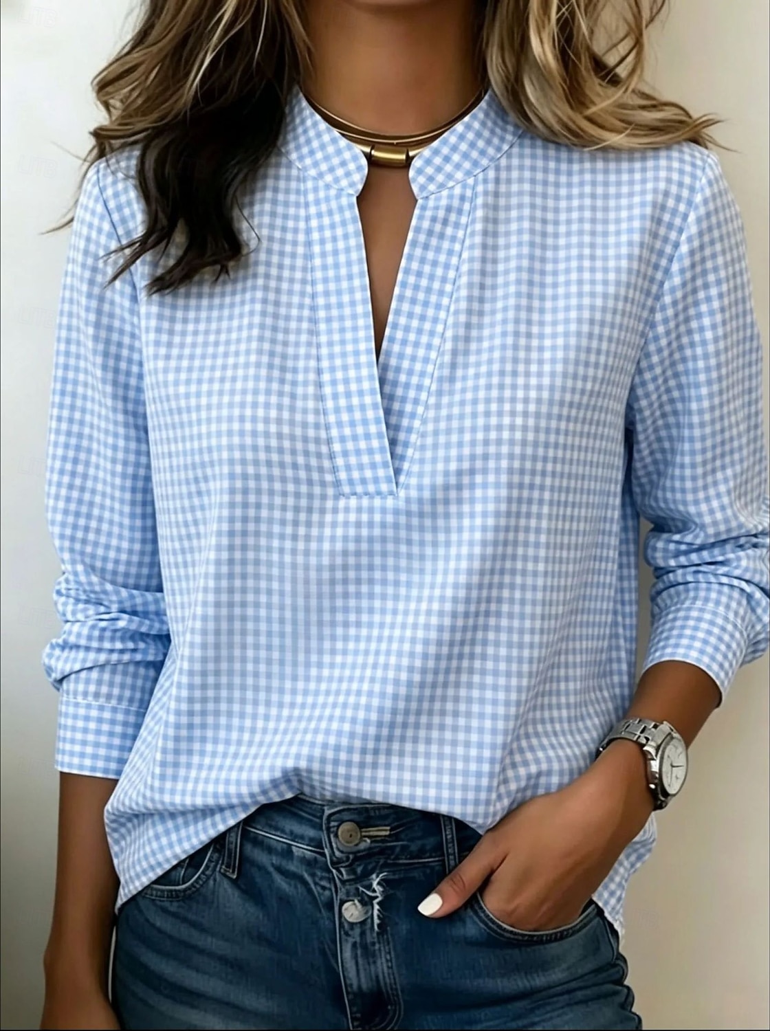 Per donna Camicia Grafico Plaid Vintage Elegante Manica Lunga Collo a V Top Regolari Casuale Quotidiano Ferie Blu Giallo Rosa Estate Primavera del 2026 a $31.99 –P3