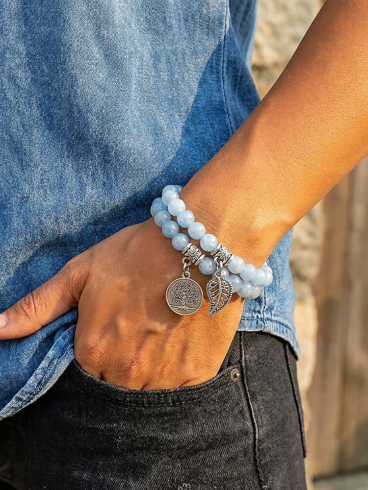 Set di braccialetti da donna bohémien a strati con perline di pietra naturale, albero della vita e ciondoli a forma di foglia, gioielli da polso impilabili multicolore in 2 pezzi per l'uso quotidiano, del 2026 a $14.99 –P4
