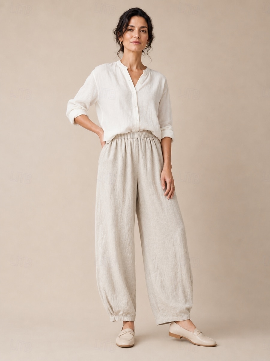 pantaloni de vară din in pentru femei, talie medie, lungime completă, buzunar, talie elastică, culoare vară, alb, negru, bleumarin închis, kaki, toamnă 2026 - $49.99 –P2