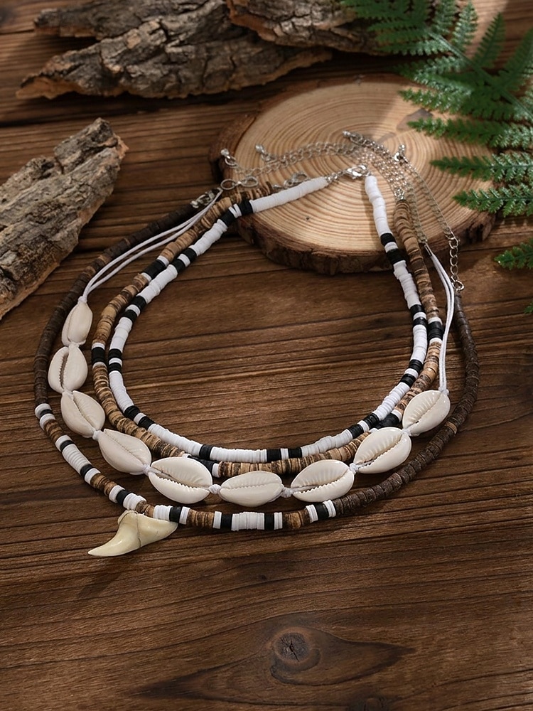 herrskal &Halsband med träpärlor i 4 delar, strandsmycken i lager med hajtandshänge, bohemiskt halsband i kustnära surfstil för semester, resor, festivaler och sommarens vardagskläder 2026 - $14.99 –P3