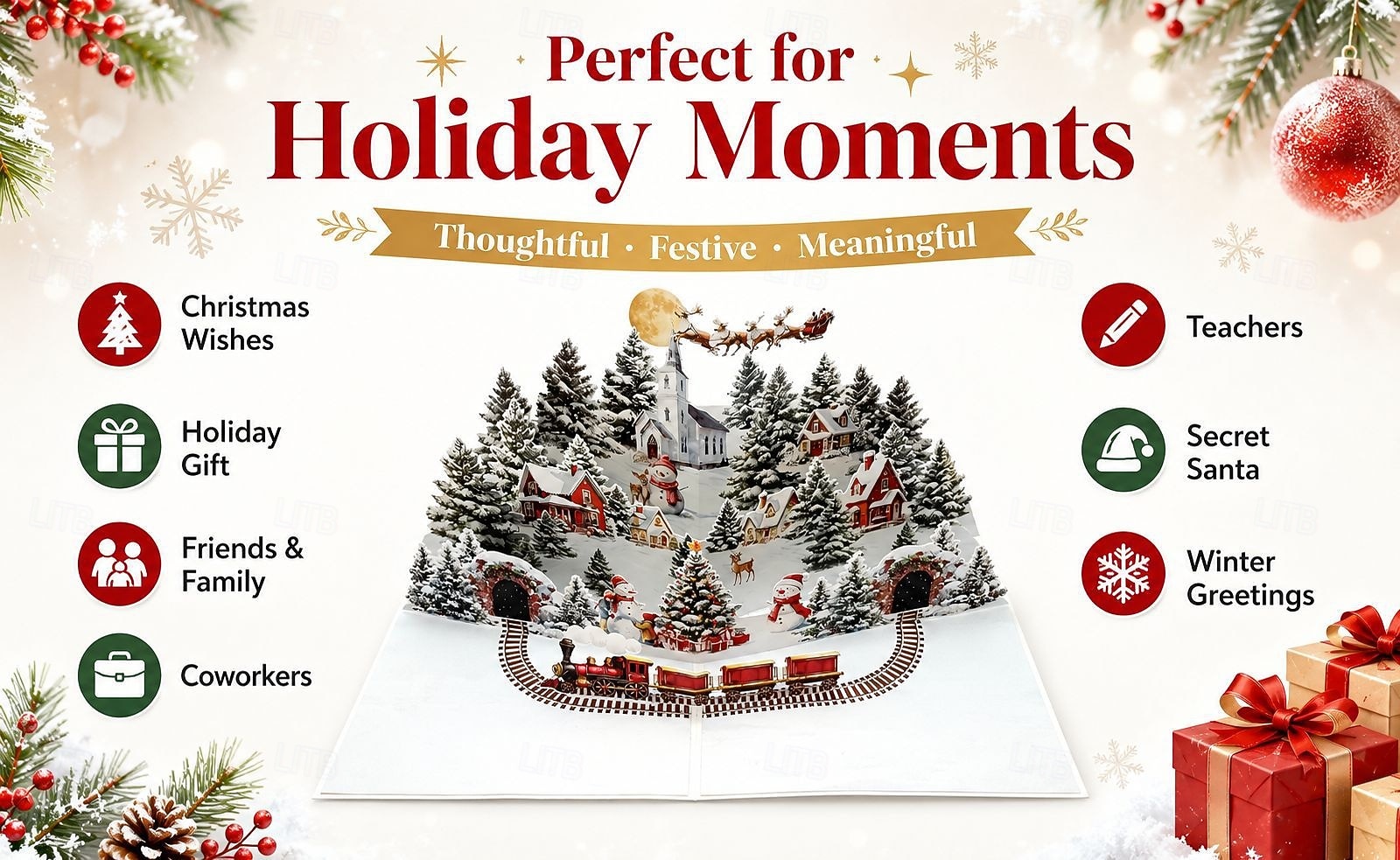 Biglietto di auguri natalizio tridimensionale a comparsa, con grande scena di un villaggio invernale e treno a vapore. &Slitta di Babbo Natale, biglietto d'auguri natalizio fatto a mano per bambini del 2026 a $12.99 –P5