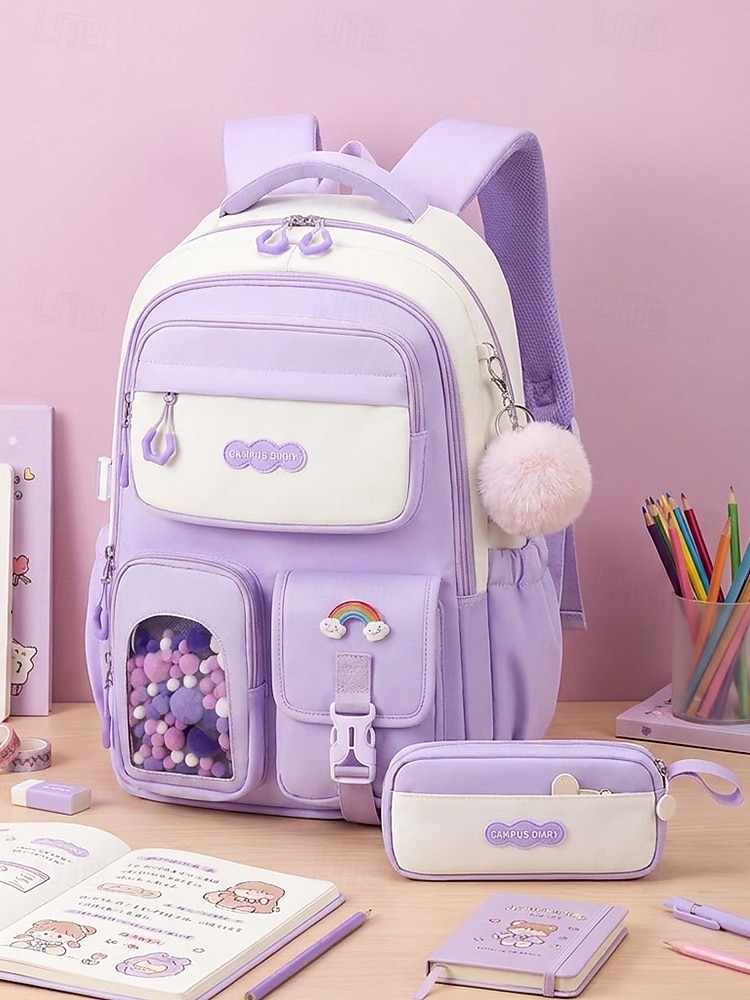 Girls School Backpack Set, Pink Waterproof Polyester Bookbag with Pencil Case, Large Capacity Multi-Pocket Student Backpack, Ergonomic Support, Travel & Daily Use, Grade 1-6 2026 - $42.99 –P4