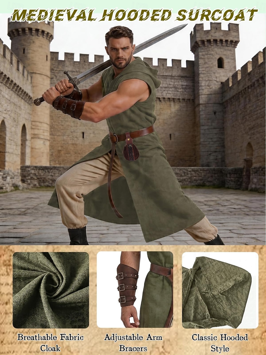Set Retro Vintage Mittelalterlich Renaissance Weste Taillengürtel Armschützer mit Zubehör Ärmellos Ritter Ranger Kostüm Herren Fantasie Halloween Karneval Renaissance-Messe LARP Erwachsene Weste 2026 - $46.99 –P2