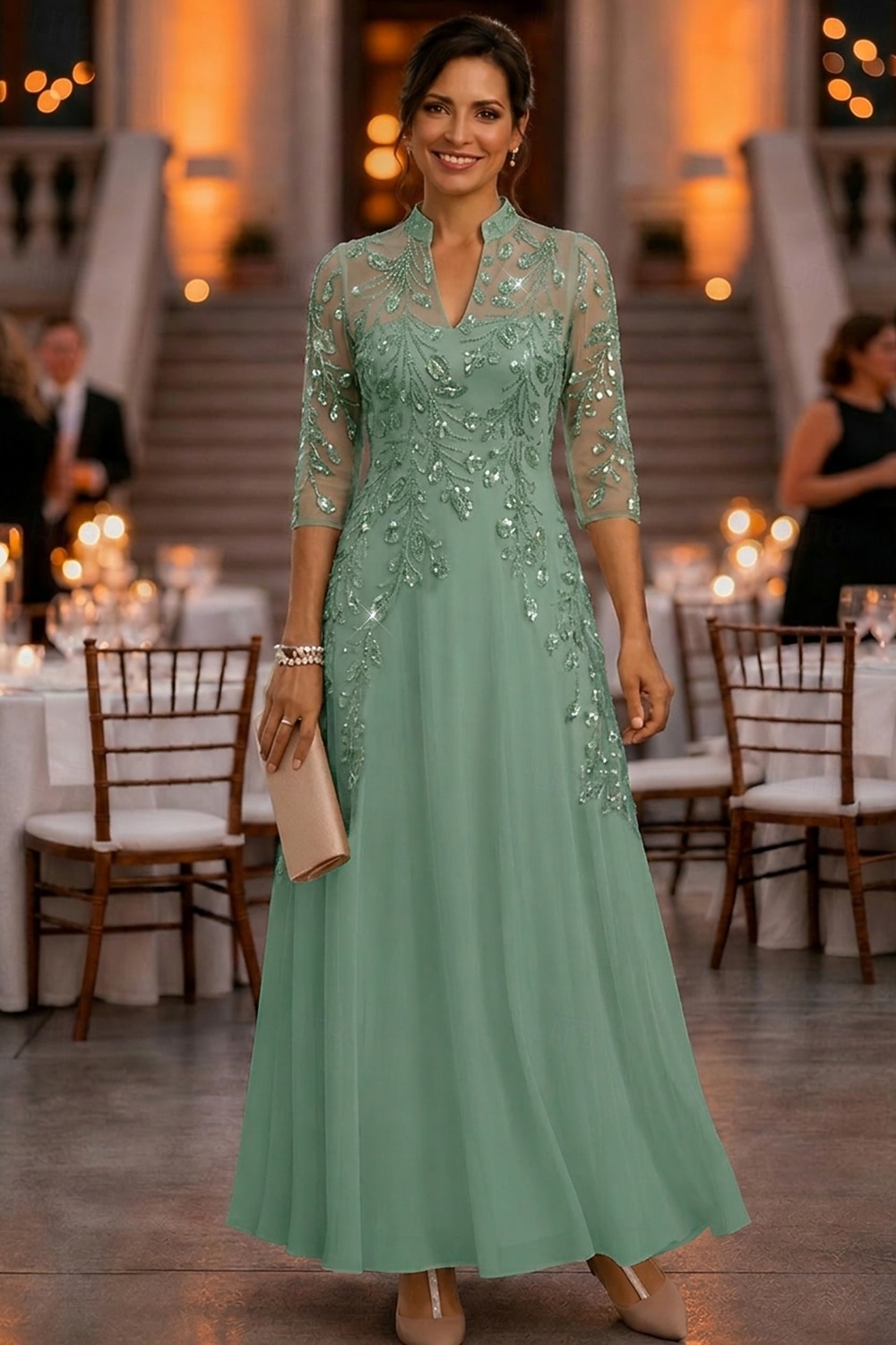 A-Line Ankle Length Mother of the Bride Dress 3/4 Length Sleeve V Neck Elegant Vintage Luxurious Formal Wedding Guest Wedding Party Chiffon Tulle with Beading Sequin Flower 2026 - $159.99 –P1