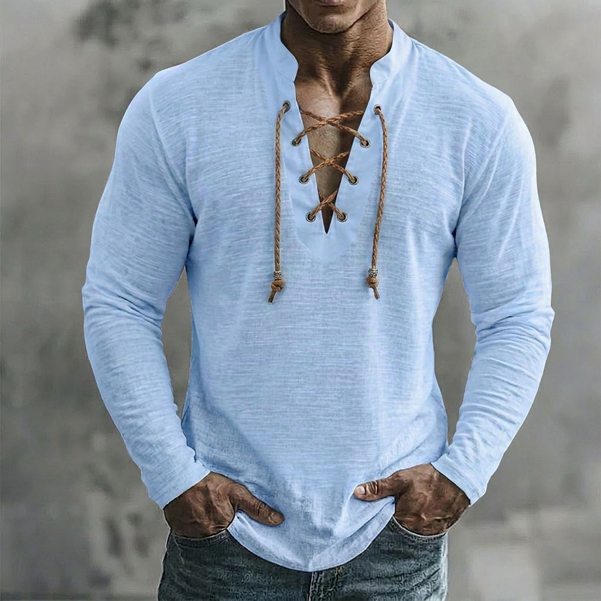 Per uomo Maglietta in lino Manica Lunga Collo con lacci Primavera & Estate Estate Primavera Semplice Vintage Nautico Stile Boho Allacciato Trasparente Casuale Vacanza Streetwear Blu Bianco Nero del 2026 a $14.99 –P2